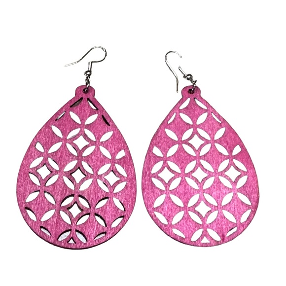 Boho Cutout Wood Teardrop Drop Style Sky Magenta Earrings - Picture 1 of 5